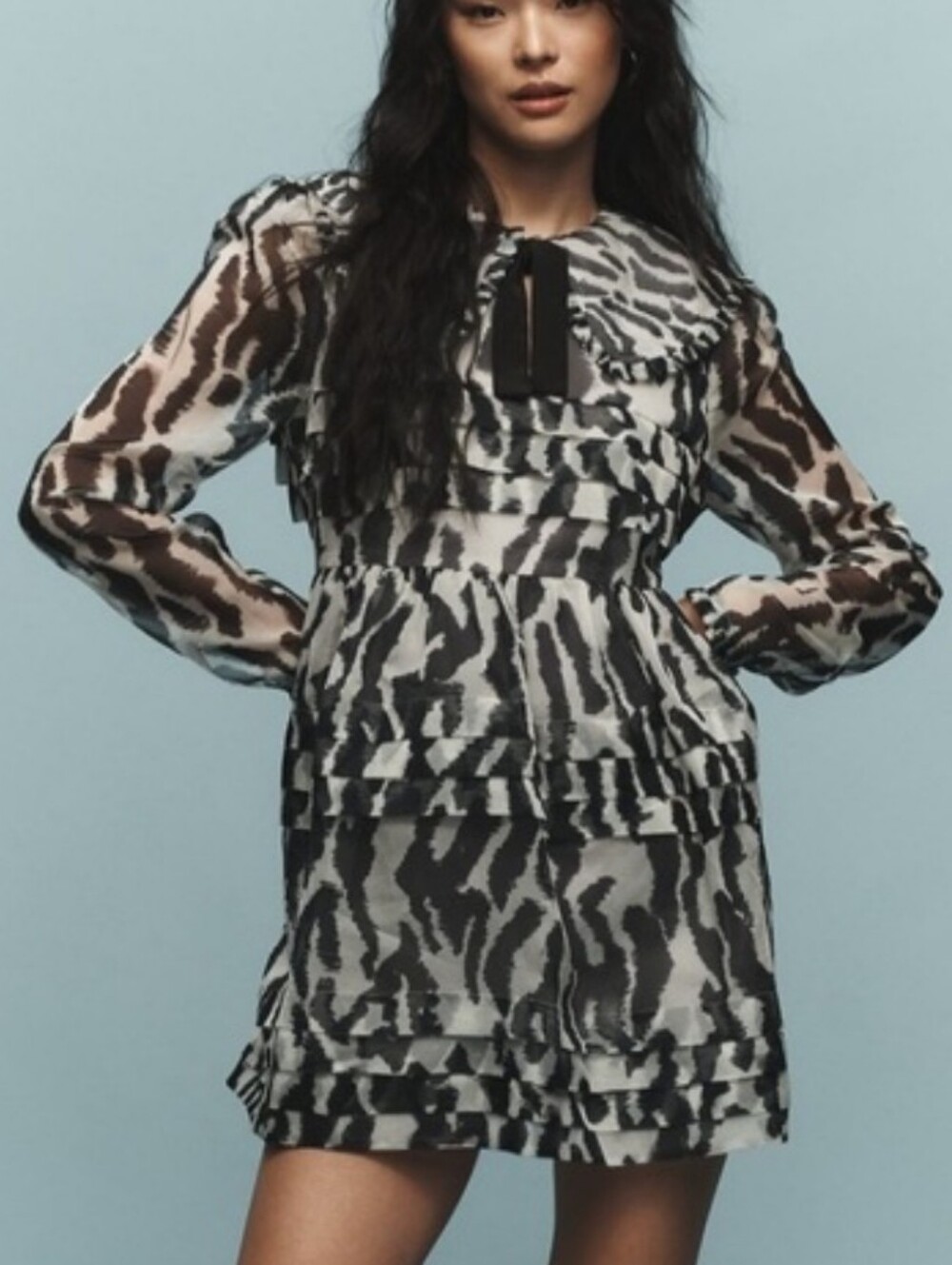 NEW Ruffle Dress Anthropologie Maeve Long-Sleeve Collared Sheer Mini Dress Tiger